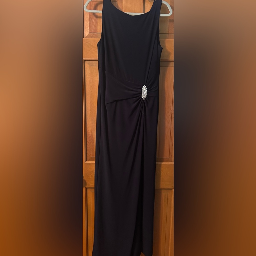 Ralph Lauren Navy Maxi Dress with Rhinestone Brooch